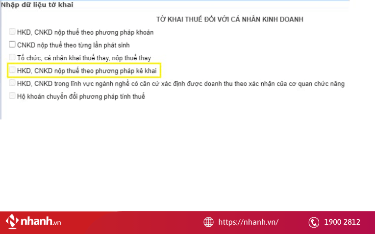 Tại màn hình tờ khai 01/CNKD