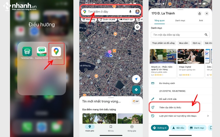 Bước 1 - 2- 3: Tạo địa điểm trên Google Maps bằng điện thoại