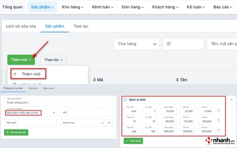 Tạo sản phẩm có nhiều đơn vị tính trên phần mềm Nhanh.vn