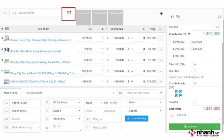 Giao diện thanh toán cho khách hàng trên phần mềm