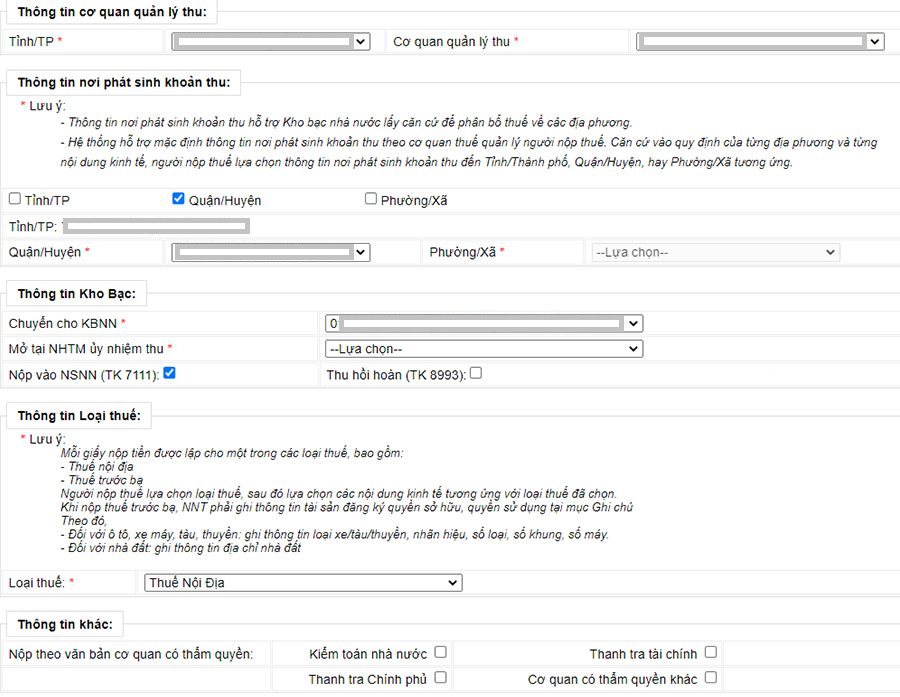 thao tác điền thông tin của giấy nộp thuế