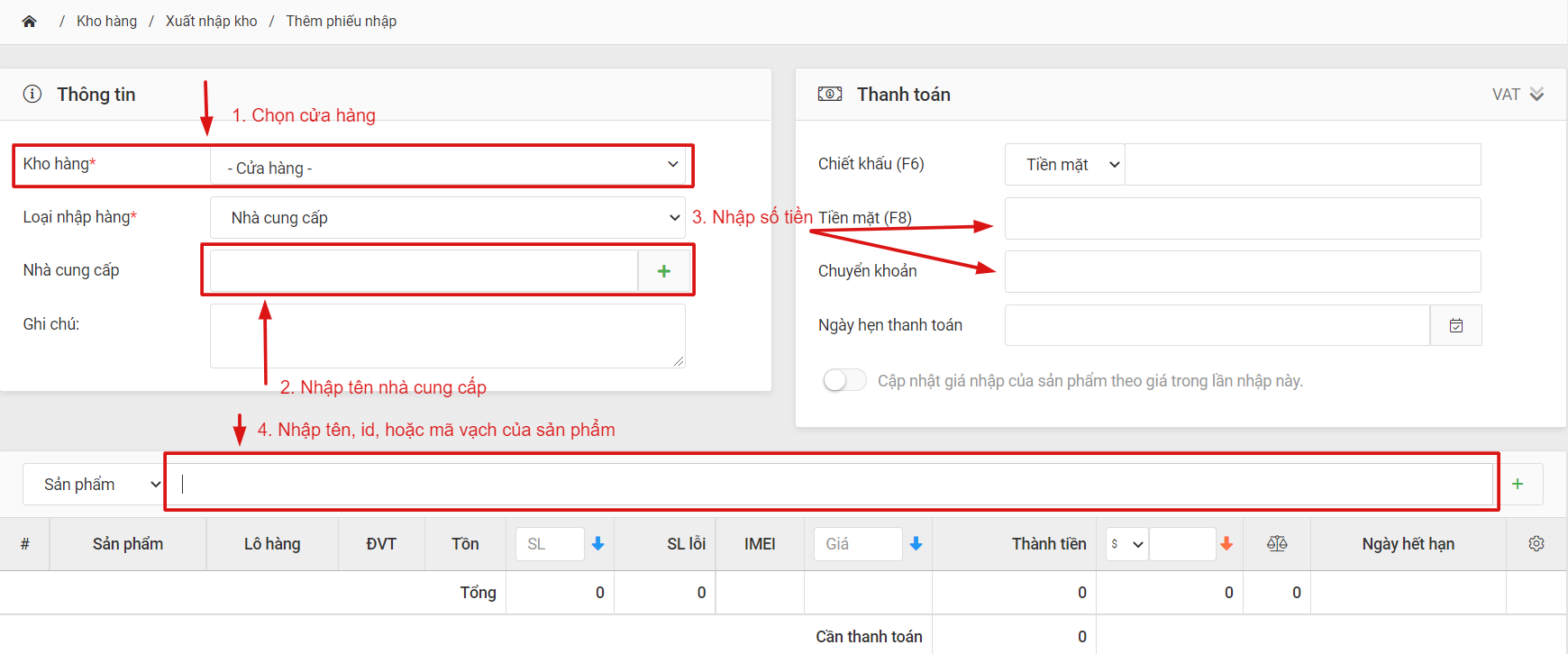Thêm mới hàng hóa đã nhập trên Nhanh.vn