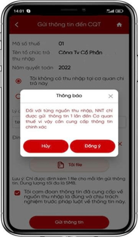 Thông báo hiển thị khi NSD nhấn vào “Gửi thông tin”