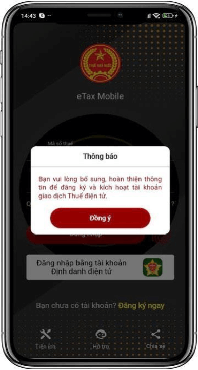 Thông báo khi tài khoản đang là định danh mức 2 và chưa có tài khoản eTax Mobile
