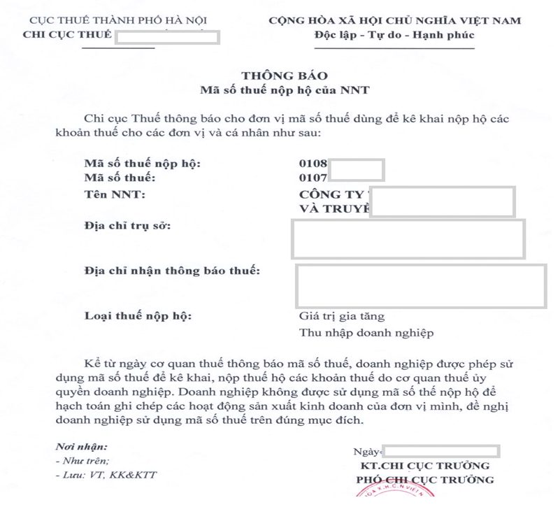 Thông báo Mã số thuế nộp hộ của NNT