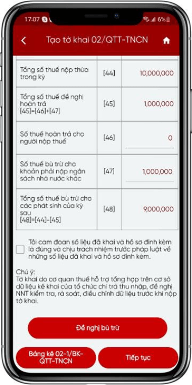 Thông tin hỗ trợ quyết toán thuế và lưu thông tin đề nghị bù trừ đã nhập