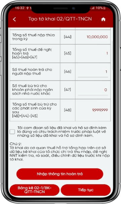 Thông tin hỗ trợ quyết toán thuế và lưu thông tin hoàn trả NNT đã nhập