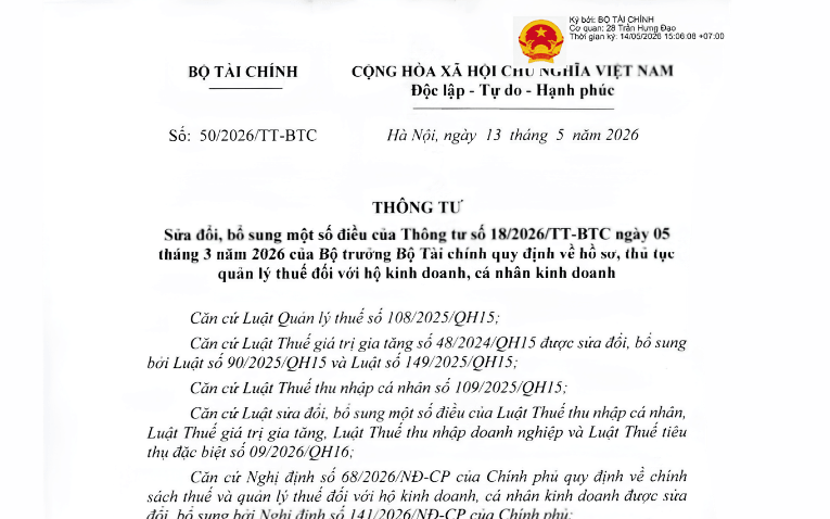 Thông tư 50/2026/TT-BTC sửa đổi Thông tư 18/2026/TT-BTC