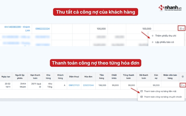 Thu công nợ của khách hàng trên phần mềm Nhanh.vn