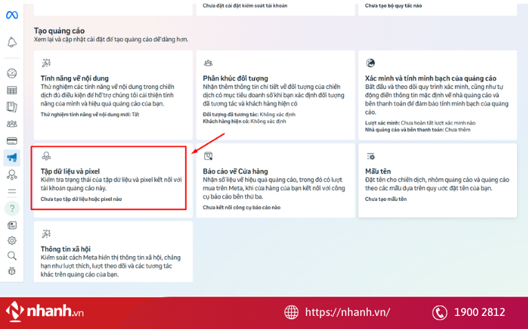 Tìm và truy cập vào “Tạo dữ liệu và pixel”