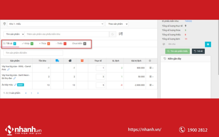 Giao diện kiểu kho trên phần mềm Nhanh.vn