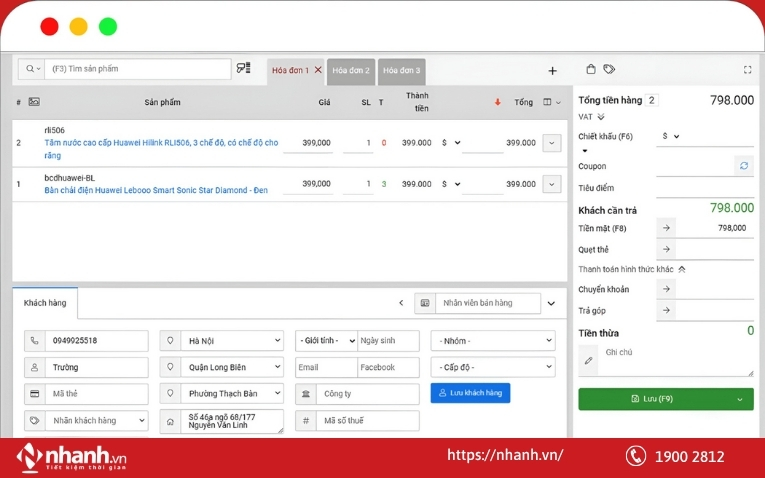 Giao diện bán hàng trên phần mềm Nhanh.vn