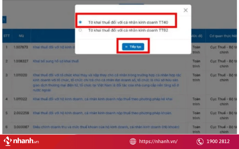Chọn “Tờ khai thuế đối với cá nhân kinh doanh T40”