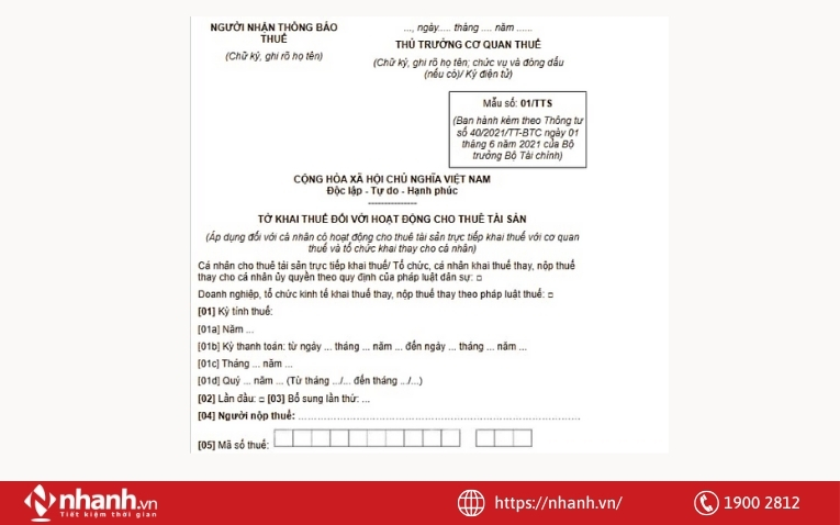 Tờ khai thuế theo Thông tư số 40/2021/TT-BTC