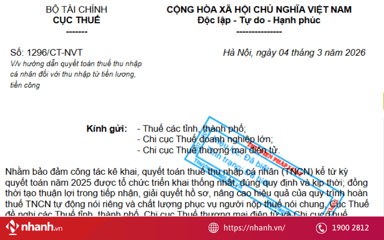 Toàn văn Công văn 1296/CT-NVT hướng dẫn quyết toán thuế TNCN đối với thu nhập từ tiền lương, tiền công
