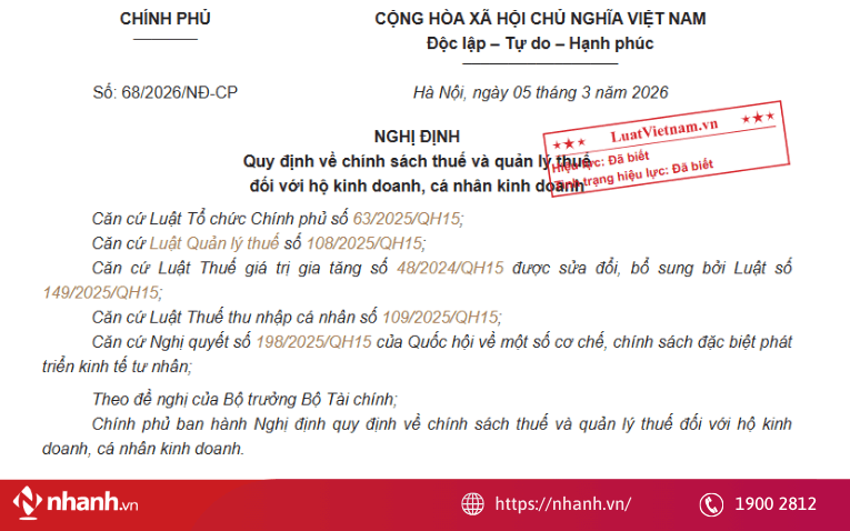 Toàn văn Nghị định 68/2026/NĐ-CP về quản lý thuế đối với hộ kinh doanh