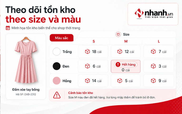 Theo dõi tồn kho shop thời trang theo size và màu