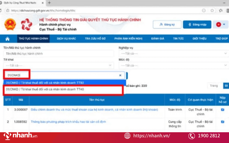 Vào thủ tục hành chính, chọn tờ khai 01/CNKD