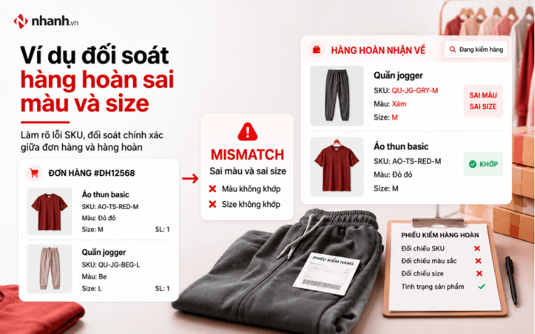 Ví dụ đối soát hàng hoàn sai màu và size