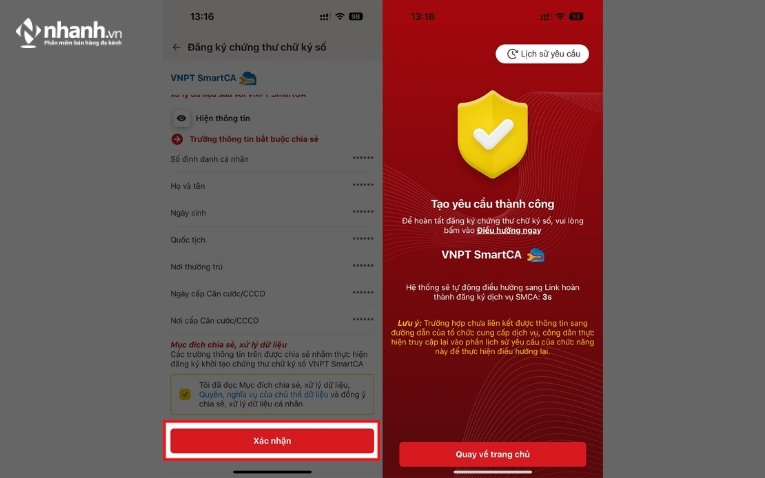 Xác nhận thông tin cách tạo chữ ký số