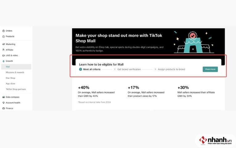 Ấn Xem thêm để biết thêm chi tiết và bắt đầu cải thiện cửa hàng để đủ điều kiện trở thành Nhà Bán Hàng Mall