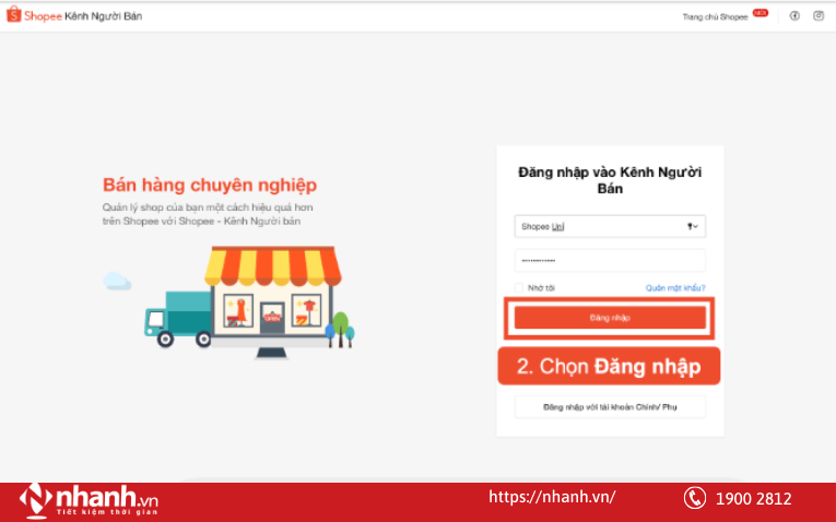 Bấm Đăng nhập để truy cập vào Kênh Bán hàng Shopee