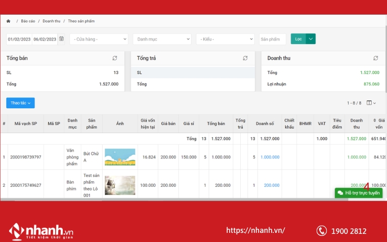 Báo cáo doanh thu theo sản phẩm trên phần mềm Nhanh.POS