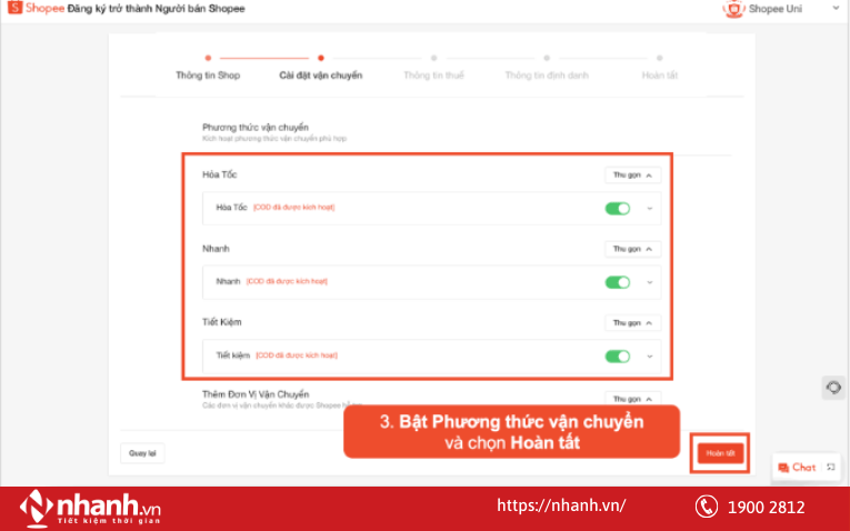 Bật phương thức vận chuyển và Chọn hoàn tất