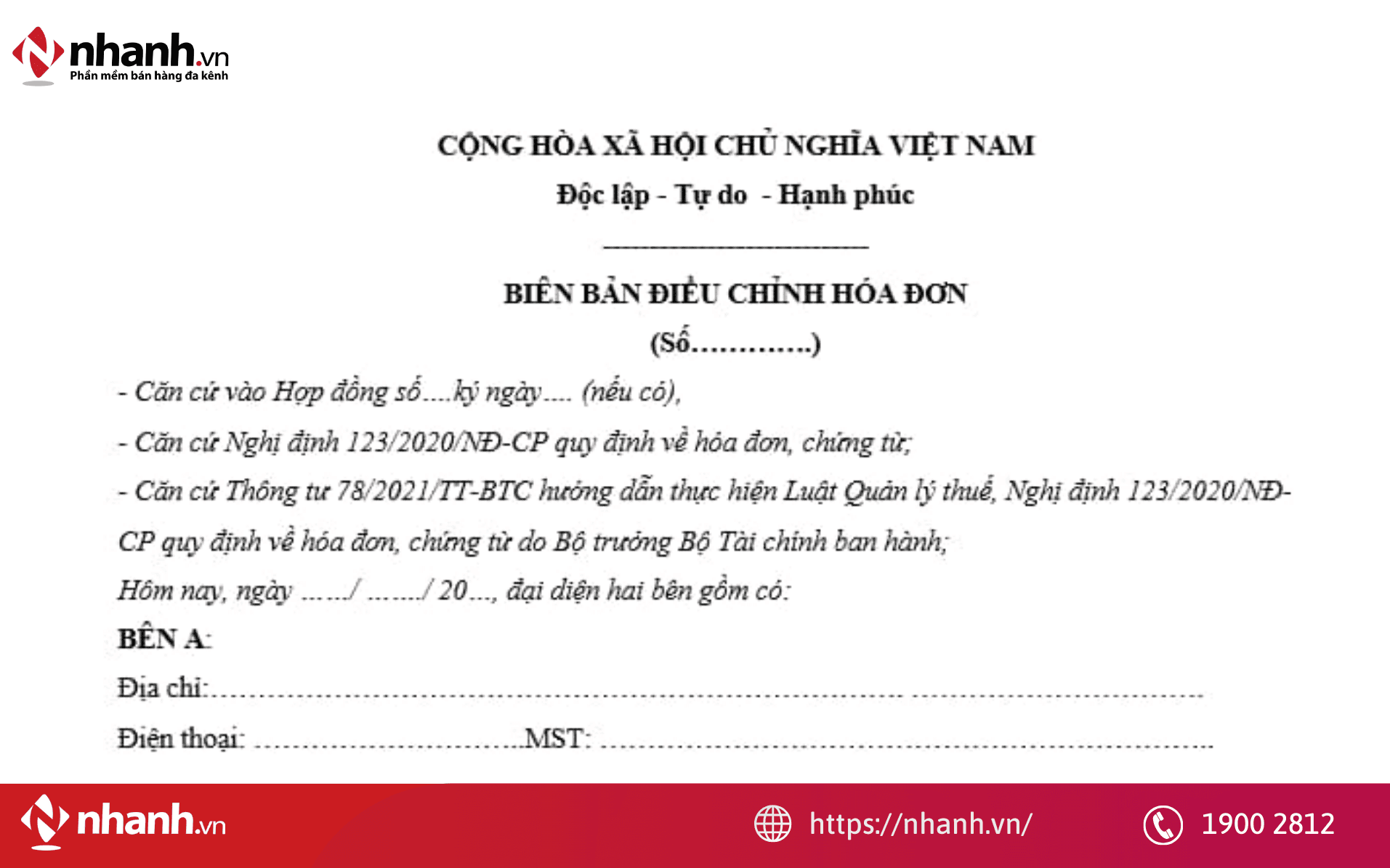 Mẫu biên bản điều chỉnh hóa đơn điện tử mới nhất