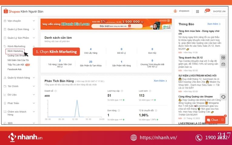 Bước 1: Các tạo mã giảm giá trên Kênh Người Bán Shopee