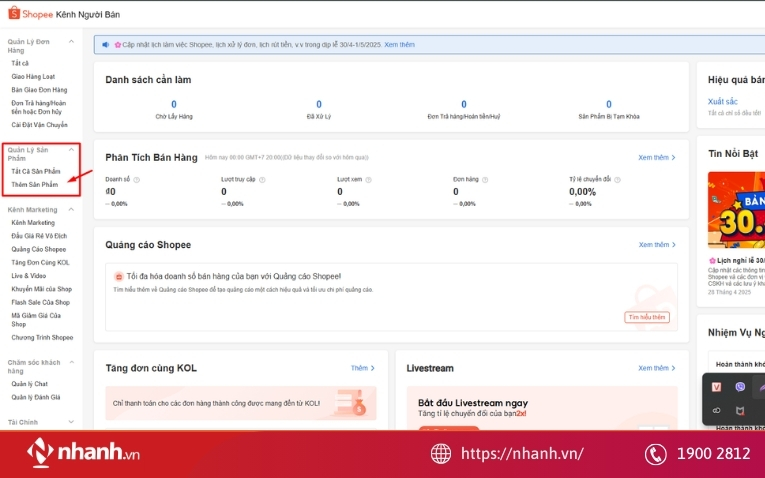 Bước 1: Truy cập Kênh Người Bán và chọn "Thêm sản phẩm"
