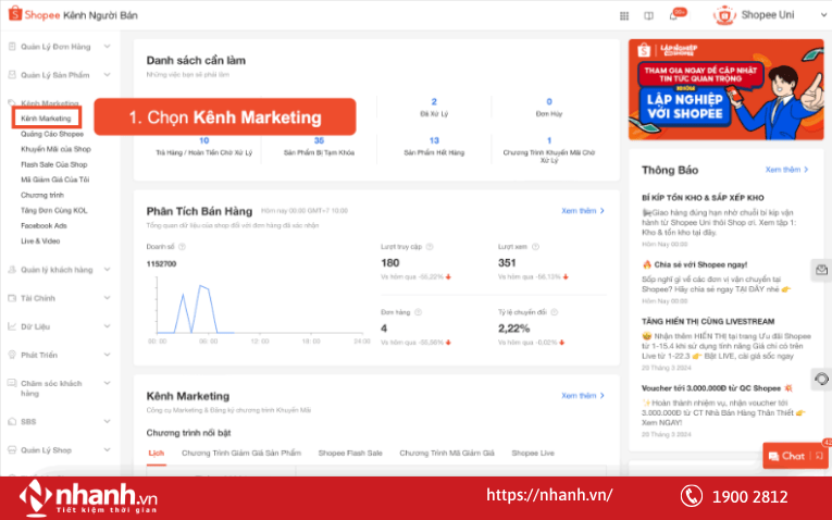 Bước 1: Truy cập vào trang Kênh Marketing qua thanh menu tay trái trên Kênh Người Bán