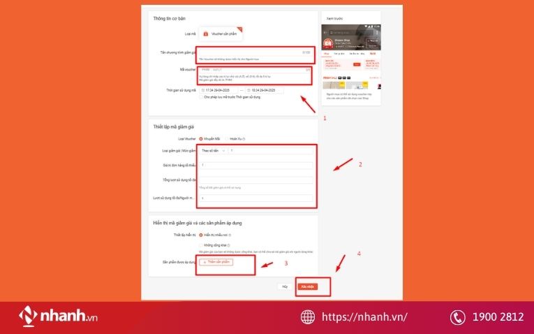 Bước 3 và bước 4: Cách tạo mã giảm giá trên Kênh Người Bán Shopee