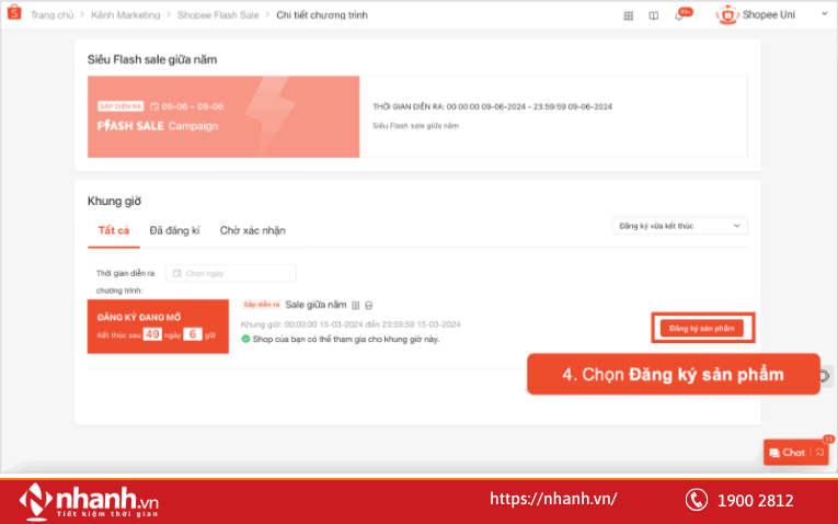 Bước 4: Chọn Đăng ký sản phẩm cho khung giờ Flash Sale Shop muốn