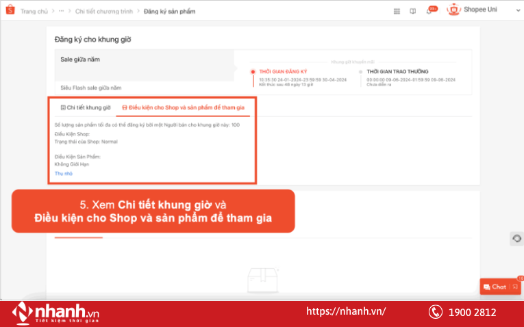 Bước 5: Xem Chi tiết Khung giờ và Điều kiện cho Shop và sản phẩm để tham gia