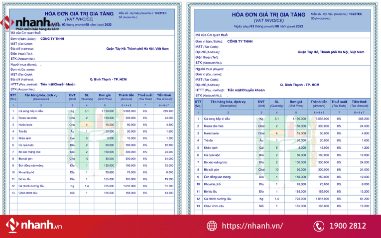 Các thông tin cần thiết của hóa đơn ăn uống