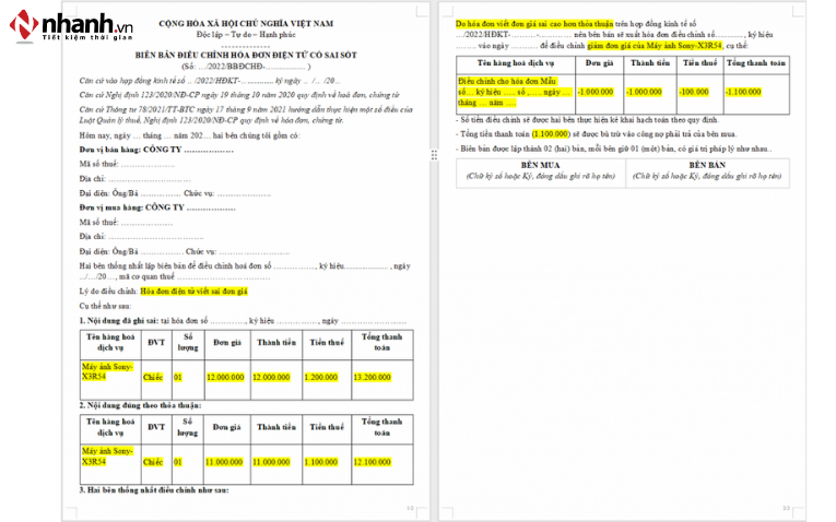 Cách ghi nội dung biên bản điều chỉnh hóa đơn điện tử chi tiết