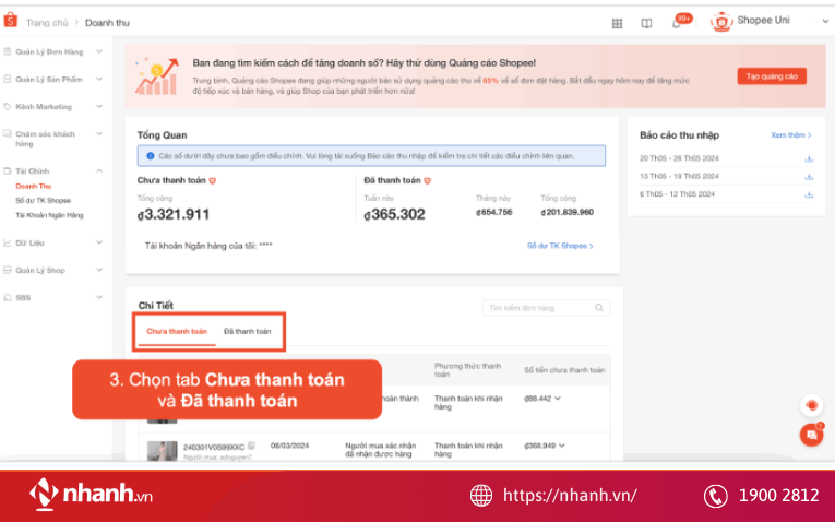 Chọn tab Chưa Thanh Toán và Đã Thanh Toán