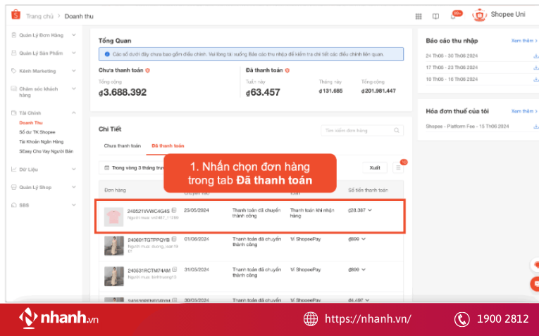 Đối với các đơn hàng Đã thanh toán