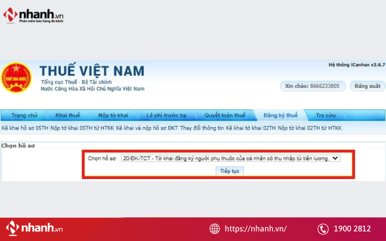 Chọn Tờ khai 20-ĐK-TCT