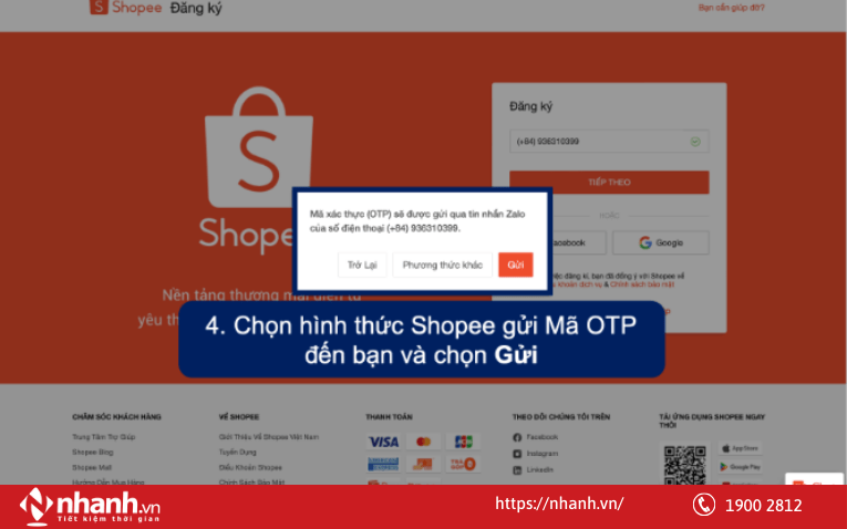 Chọn hình thức Shopee gửi Mã OTP đến bạn và chọn Gửi