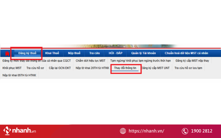 Chọn mục “Thay đổi thông tin” và thao tác nộp tờ khai