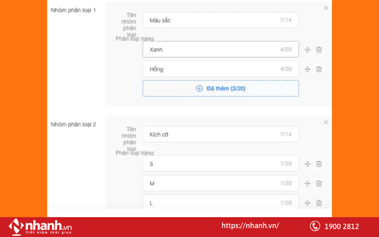 Click Thêm phân loại hàng để tạo các phân loại hàng khác nhau của mỗi sản phẩm