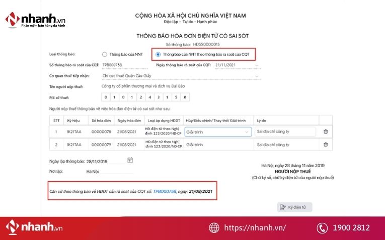 Lập thông báo điều chỉnh hóa đơn điện tử sai nội dung gửi cơ quan thuế