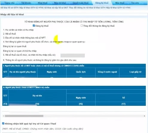 Nhập thông tin vào tờ khai 20-ĐK-TCT