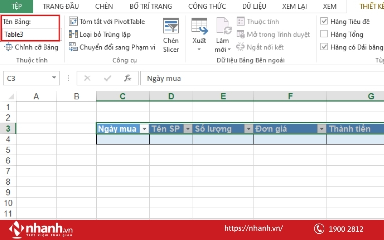 Đặt tên cho Table