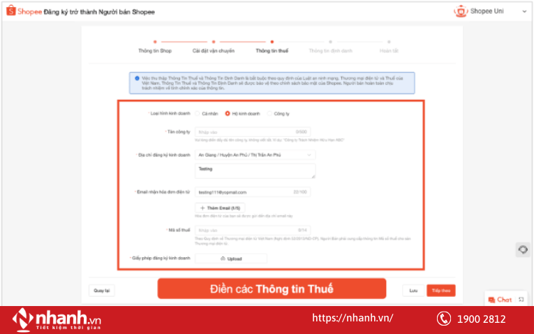 Điền các thông tin thuế