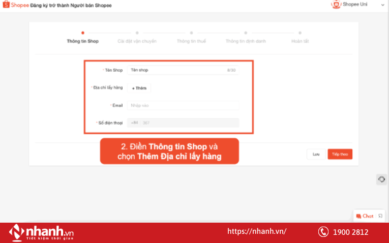 Điền Thông tin Shop và chọn Thêm Địa chỉ lấy hàng