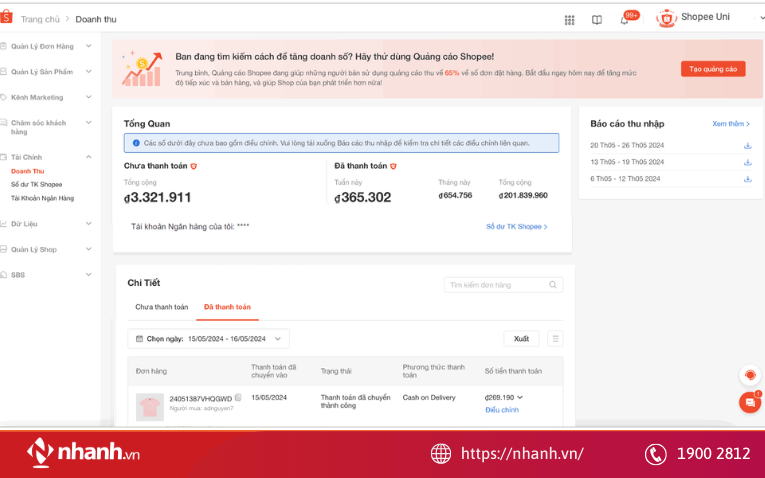 Tính doanh thu thực nhận trên Shopee