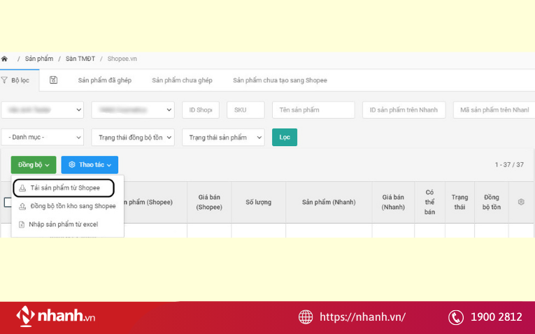 Đồng bộ sản phẩm trên Shopee về Nhanh.vn